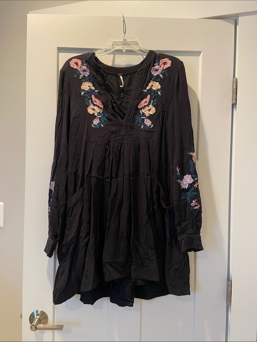 Free People Mia Black Long-Sleeve Embroidered V-Neck Tunic Dress